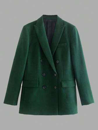 Solid Color Double-Breasted Elegant Slim Fit Long Sleeve Blazer, Suitable For Spring And Autumn