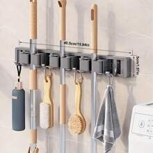 1pc Wall-Mounted Metal Broom Holder Rack With Adjustable Hooks, Suitable For Bathroom, Kitchen, Garden, Laundry Room, Garage Storage Organizer - Powder Coated Surface, Space-Saving Rack For Broom, Mop, Tools, Shelves