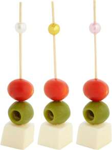 15 Stück Bambus Getränkerührer mit bunten Kugelköpfen - elegante Appetizer-Spieße, geeignet für Appetizer, Fleischbretter, Partygetränke und Obststäbchen - dekorative Lebensmittelstäbchen, Getränkezahnstochern, Appetizer-Accessoires, elegante Partydekoration, Material, Party-Grundausstattung