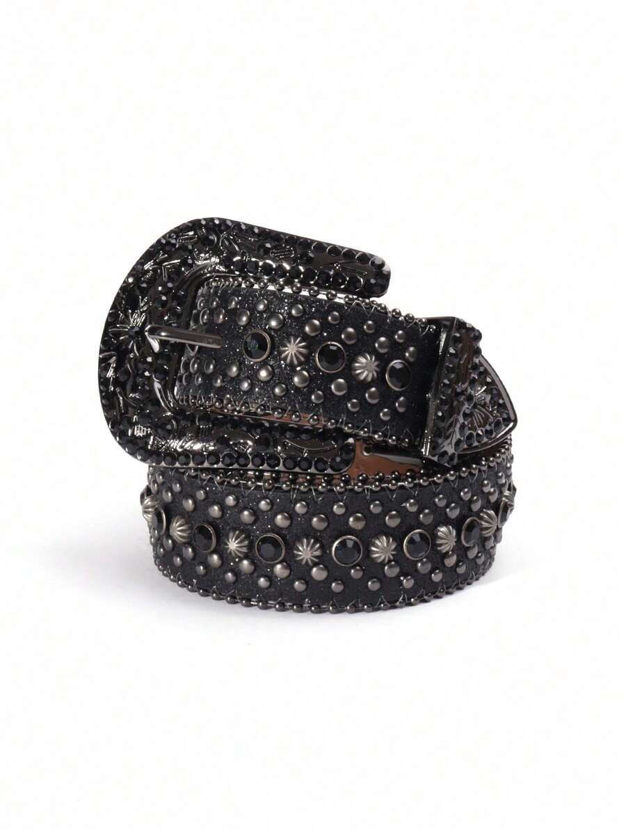 男女通用水钻腰带，适合西部牛仔/女孩，镶嵌奢华水晶水钻的牛仔/男孩皮带，适合万圣节夏季、秋季、秋季、万圣节 - 黑色 - 查看 1