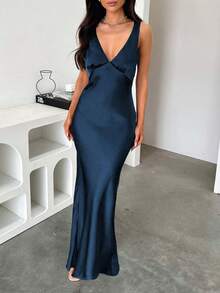 Look Polly 女士夏季连衣裙，纯色真丝吊带长裙，适合婚礼、秋季、返校等场合，露肩正式连衣裙，优雅性感V领长裙 - 藏青色 - 查看 9