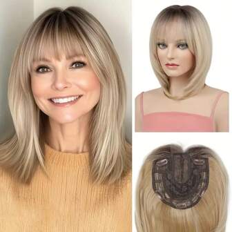 Hair Topper For Women With Thinning Hair 6.5x6.5 Inch Large Base Synthetic Hair Topper With Bangs Handmade Invisible Lace Front Hairline Hair Topper Wig