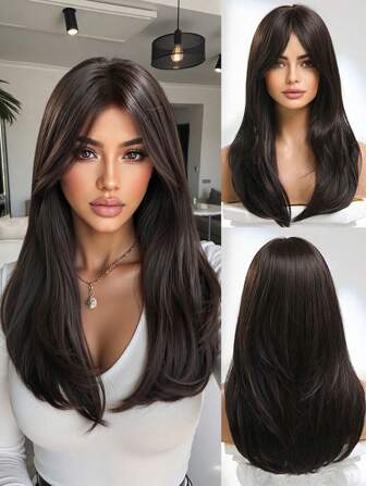 18英寸渐变蝴蝶剪直发层次感合成假发，带刘海，适合女性日常佩戴和派对场合