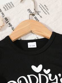 2pcs Baby & Toddler Girls' Casual Cute Puff Sleeve Letter Print T-Shirt And Cow Print Bow Hem Pants Set, Spring/Summer