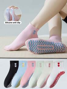 1/2/6 paires de chaussettes de yoga pour femmes avec broderie en forme de cœur, chaussettes adhérentes pour le pilates, chaussettes montantes pour fitness en salle, yoga et entraînements quotidiens - Multicolore - Voir 2