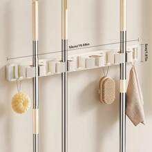 1pc Wall-Mounted Metal Broom Holder Rack With Adjustable Hooks, Suitable For Bathroom, Kitchen, Garden, Laundry Room, Garage Storage Organizer - Powder Coated Surface, Space-Saving Rack For Broom, Mop, Tools, Shelves