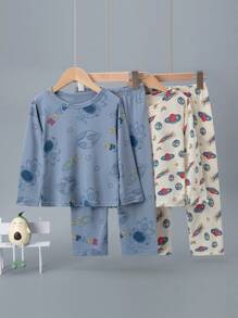 Conjunto de 4 piezas de pijama de manga larga, ligero y con estampado de astronauta de dibujos animados para niños, para primavera/verano