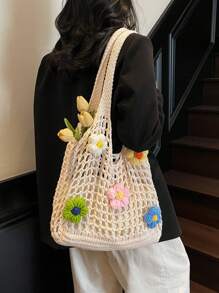 Hollow Floral Knit Bag, Oversized Casual Vacation Tote Bag, Large Capacity Woven Women's Commuter Beach Bag, Fashion Shoulder Shopping Handbag