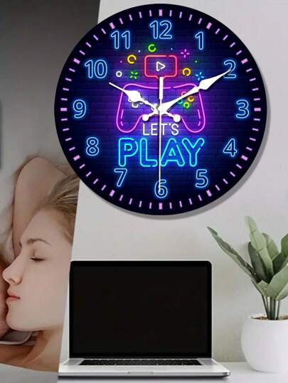 1pc Video Game Theme Silent Wand Klok Round Wooden Digital Display, Ideal Bedroom, Living Room, Bar Perfect Holiday Bedroom Gaming Operation Room Dormitory Back To School Surprise Home Supplies view 2