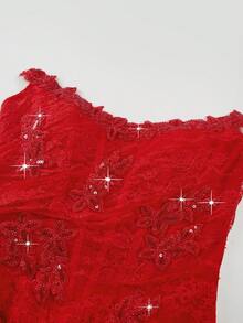 Nuevo vestido de noche de encaje de moda sexy con abertura alta para mujer, vestido de fiesta, vestido de invitada de boda, vestido formal, vestido de gala - Rojo - Ver 5