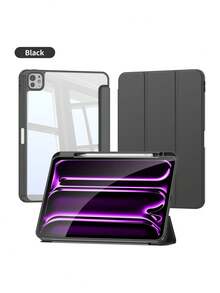 1pc Black Tri-Fold Silicone Foldable IPad Case, Shell Slim Stand Shockproof Anti Fall Pen Holder Anti-Fall Tablet Cover Compatible With Apple IPad Mini 4/5/6, 9.7/10.2/10.5 Inches, Air 4/5/6, 10th Gen, 10.9 Inches, Pro 11 Inches, Air 11(M2) , Air 13 And Pro 11(M4) ,A16 Models. Clear Back Cover With High Transparency For DIY Personalization - Black - View 1