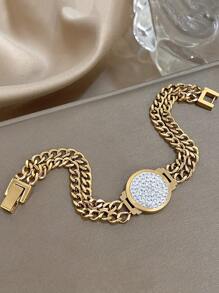 1 pieza Brazalete de cadena con cara de reloj de acero inoxidable con baño de oro y circonita con corte de diamante para mujeres: Lujo de dos capas, Eslabones de CZ, Regalo para mamá, Regalo para maestro, Esencial para playa, viajes y fiestas de verano, Accesorio para rave/baile de graduación/fiesta/diario, Joyería dorada, Regalo de vuelta a la escuela, Regalo de cumpleaños
