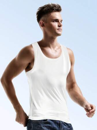 1 件男士白色冰丝无缝汗衫，紧身透气运动背心吊带背心，适合健身，夏季