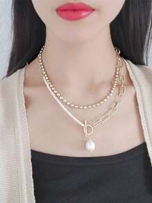 BJNCDIO 1pc Elegant & Fashionable Multilayer Necklace, Boho Style With Faux Pearl, Stainless Steel Charm Pendants, Versatile Wear For Daily, Music Festival, Great Gift, Non-Fading, Hypoallergenic