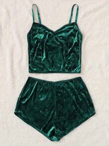 Womens Sexy Velvet Camisole Shorts Set Cute Bow Spaghetti Strap Solid Color Sleeveless Slim Sling Crop Top PJ Set With Shorts Lingerie Set Sleepwear Nightwear - 綠色 - 查看 2