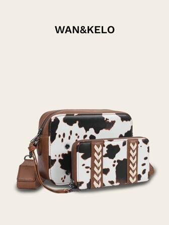 2-In-1 Women Retro Cow Print Crossbody Bag With Detachable Wallet, Fashionable Shoulder Bag Suitable For Commuting And Gift