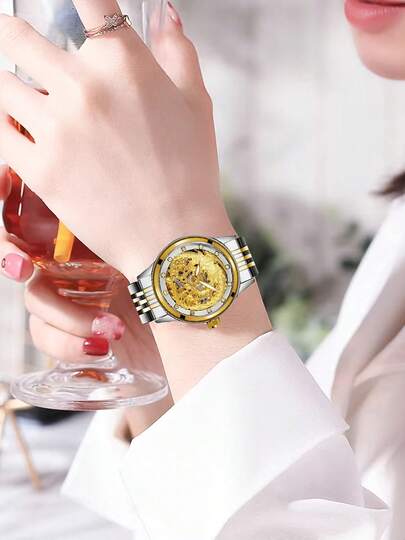 1pc Women's Gold Stainless Steel Band Phoenix Design Fashionable High-End Versatile Elegant Luxury Automatic Mechanical Wrist Watch