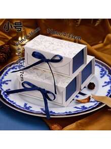 10pcs Leaf Print Gift Box With Ribbon, Paper Candy Box For Wedding