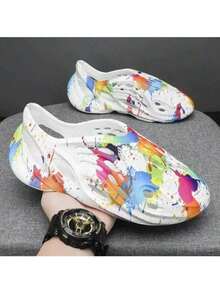 Zuecos EVA con efecto splash de color para hombres - Zapatos ligeros y transpirables para el jardín, sandalias impermeables antideslizantes para playa, patio y uso diario - Blanco - Ver 3