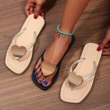 Women Heart Decor Plain Color Slip-On Casual Summer Sandals, Holiday/Vacation