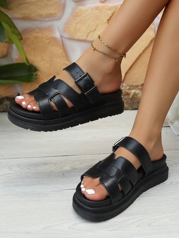2025 Summer New Thick Sole Slippers, Fashionable Buckle Versatile Beach Sandals, Plus Size Slouchy Casual Flip Flops