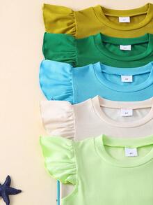 Conjunto de 10 piezas de top de punto color liso y shorts a juego color liso para niñas, para primavera/verano - Multicolor - Ver 3