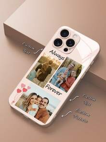 1pc Customized DIY Creative Phone Case, Personalize With 3 Photos And 2 Names, Unique High-Definition Glass Phone Case Compatible With Samsung S24 Ultra/S25 Ultra And 17 Pro Max/16 Pro Max/15 Pro/14 Plus/13 Pro/12 Pro Max/11/Xs Max/8/7/6 Plus, Fashionable, Sweet, Wedding, Family Portrait, Best Gift For Friends, Father, Mother, Boyfriend, Girlfriend,International Version, Not The Domestic Version - Pink - View 5