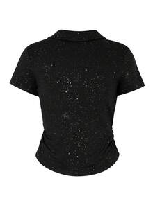 Black Lapel Metallic Summer Elegant Commuting Short Sleeve T-Shirt - Black - View 2
