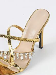 Women's Diamond Chain Rhinestone Criss-Cross Ankle Strap Pointed Toe Stiletto High Heel Sandals, Sexy Fashion Party Shiny Elegant High-End Gathering Banquet Silver Heels