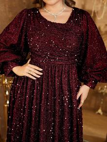 UNITHORSE Oblique Collar Glittering Lantern Sleeve Waist Ruched Flowy Sequins Party Dress, Bride Dress, Birthday Women Outfits, Graduation Dress, Formal Dress, Fall Women Clothes - Burgundy - View 6