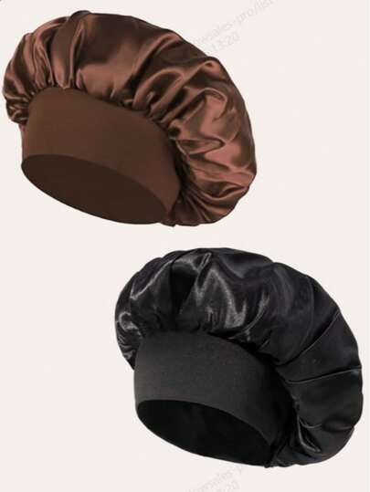 1/2件装真丝睡帽，缎面发帽，柔软弹力带真丝睡帽，卷发专用真丝发套，女士纯色宽边弹力睡帽 - 丝滑缎面睡帽，日常护发之选，柔软透气，时尚睡衣配饰，睡帽