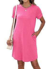 Womens Shirt Dresses Casual 2025 Summer Short Sleeve Loose Vacation Dress With Pockets - Pink - View 7