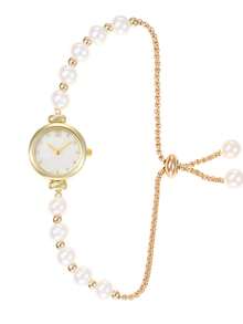 1pc Fashion Faux Pearl Bracelet Wrist Watch With Rhinestone Dial & Metal Strap, Suitable For Birthday, Halloween, Gift - White - View 12