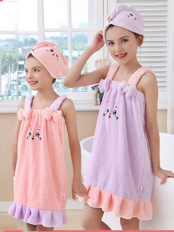 2pcs Coral Fleece Bathrobe With Hair Dryer Towel For Girls,2 Colors Available, Soft Absorbent Bathrobe Bath Wrap Towel, Shower Robe,Spa Robe For Girls,Ultra Soft Warm And Absorbent After Shower, Back To School