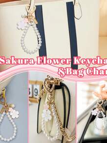 2 Pieces Strawberry & Cherry Blossom Keychain Set - Cute Floral Bag Charm Gift For Women & Girls