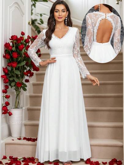 Elegant Lace Patchwork Zipper Cocktail Dress, Formal Evening Gown For Wedding