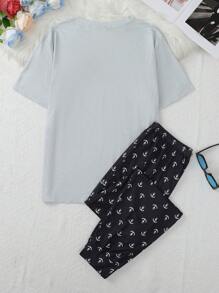2pcs Men Pajama Set, Long Sleeve V-Neck Pullover Top And Long Pants Casual Sleepwear