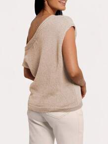 Women's New Oblique Shoulder Regular Casual Comfortable Daily Personalized Sweater, Short Sleeve Loose Oversized Knitted T-Shirts, One Tops For Going Out, Spring Summer Fall
