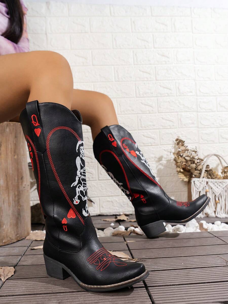 Women's Fashion Embroidered Red Peach Q Wings One Step Versatile Boots - 黑色 - 查看 1