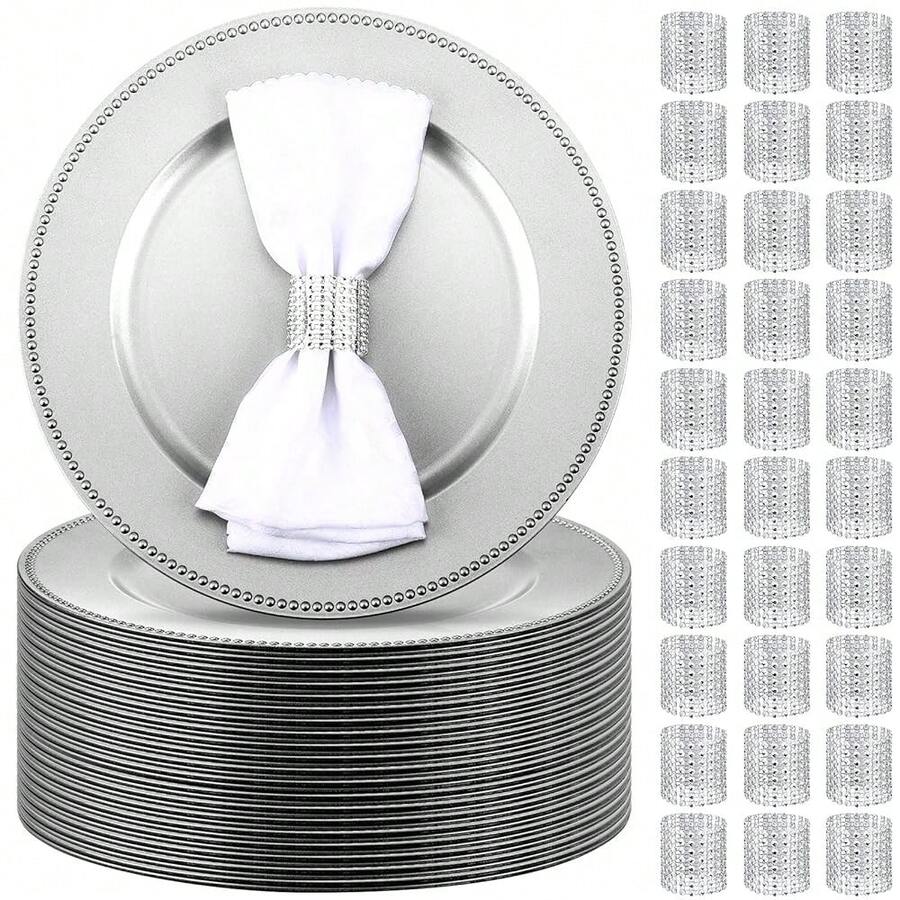 100 Set (200 Pcs) Charger Plates Set Bulk With Napkin Rings 13 H Round Beaded Charger Plates Mesh Diamond Napkin Ring Holder - Multicolor - View 1