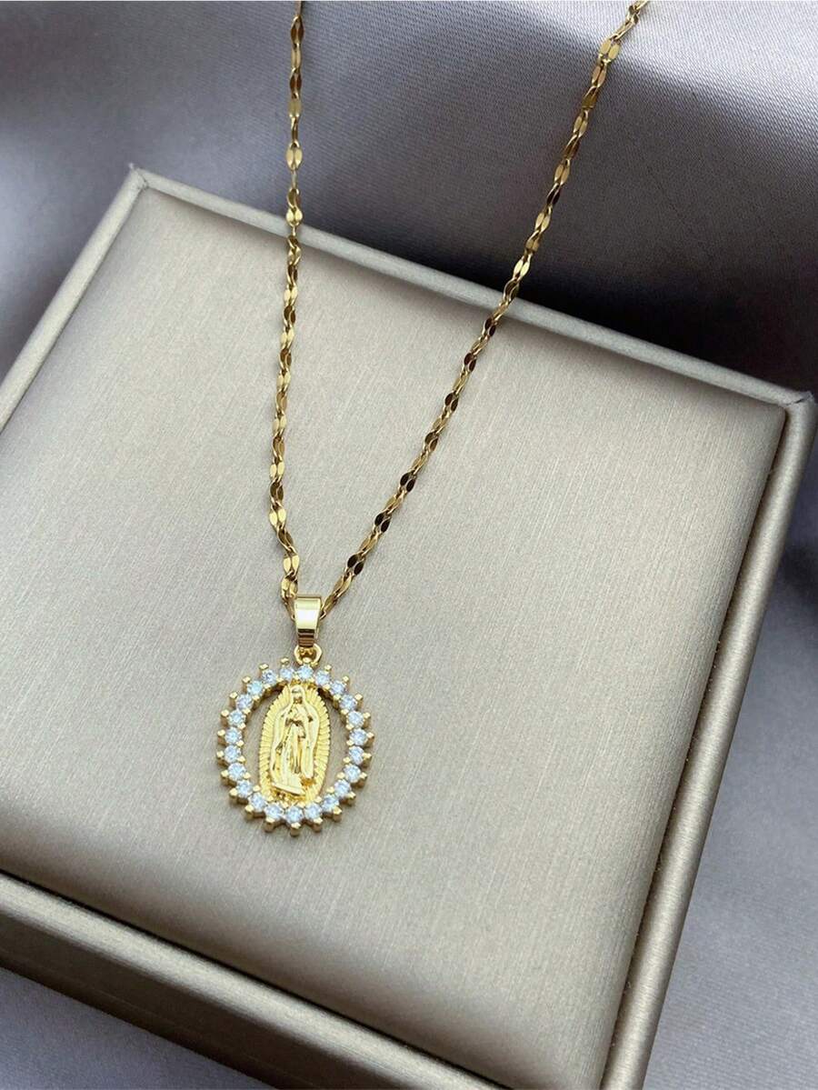 1 件时尚金色钛钢圣母玛利亚吊坠项链，带水钻边缘和镂空设计 - 彩色 - 查看 1