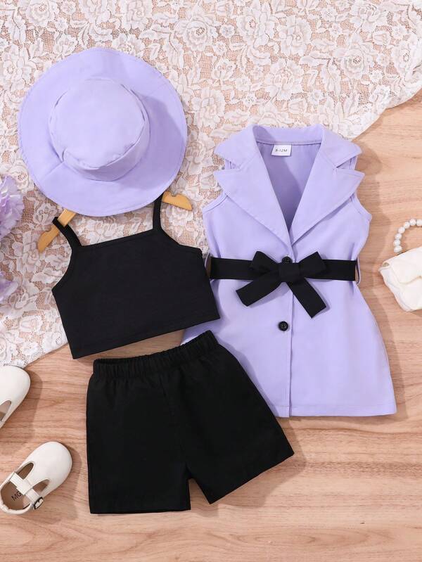 3Pcs Baby Girls' Summer Outfit Set: Sleeveless Blazer, Camisole Top & Shorts, Fashion Casual Lavender Color, Elegant Style, With Matching Hat