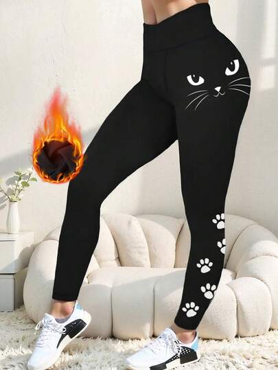 Women's High-Waisted Elastic Warm Butt Lift Slim Fit Leggings - Cat Paw Print Velvet, Soft & Stretchy Yoga Pants For Outdoor Cycling, Running, Yoga, Autumn & Winter,Fleece