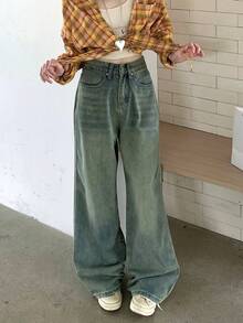 Women's Summer Casual Loose High Waist Wide Leg Jeans With Pockets - Medium Wash - View 6