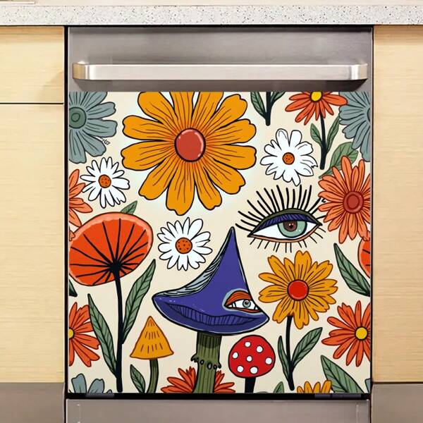 1pc Fantasy Style Illustration Sticker, Featuring Colorful Floral Clusters In Orange, White And Other Varieties, Decorated With Diverse Mushroom Shapes Like Blue-Eyed And Red-Spotted Mushrooms, As Well As A Large Eye Element. The Overall Style Is Surreal And Mystical, Blending Nature And Fantastical Elements, Suitable For Decorating Creative Studios, Personal Bedrooms And More To Create A Unique Artistic Ambiance. Wallpaper Wall Paper Wall Stickers Room Decor Wall Decor Wall Sticker Kitchen Accessories Kitchen Kitchen Items Kitchen Decor