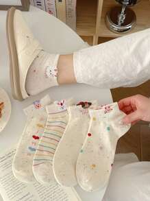 5 Pairs Women Short Casual Socks Fashion Cute Cartoon Pattern Spring/Summer Sweat Absorbing Breathable Casual Socks