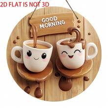 2D Flat, 1pc Round Wooden Decorative Plaque, Early Tea Theme, Suitable For Bar, Kitchen, Cafe, Home, Living Room, Office Decor, Home Decor, Holiday Gift, 8x8 Inches