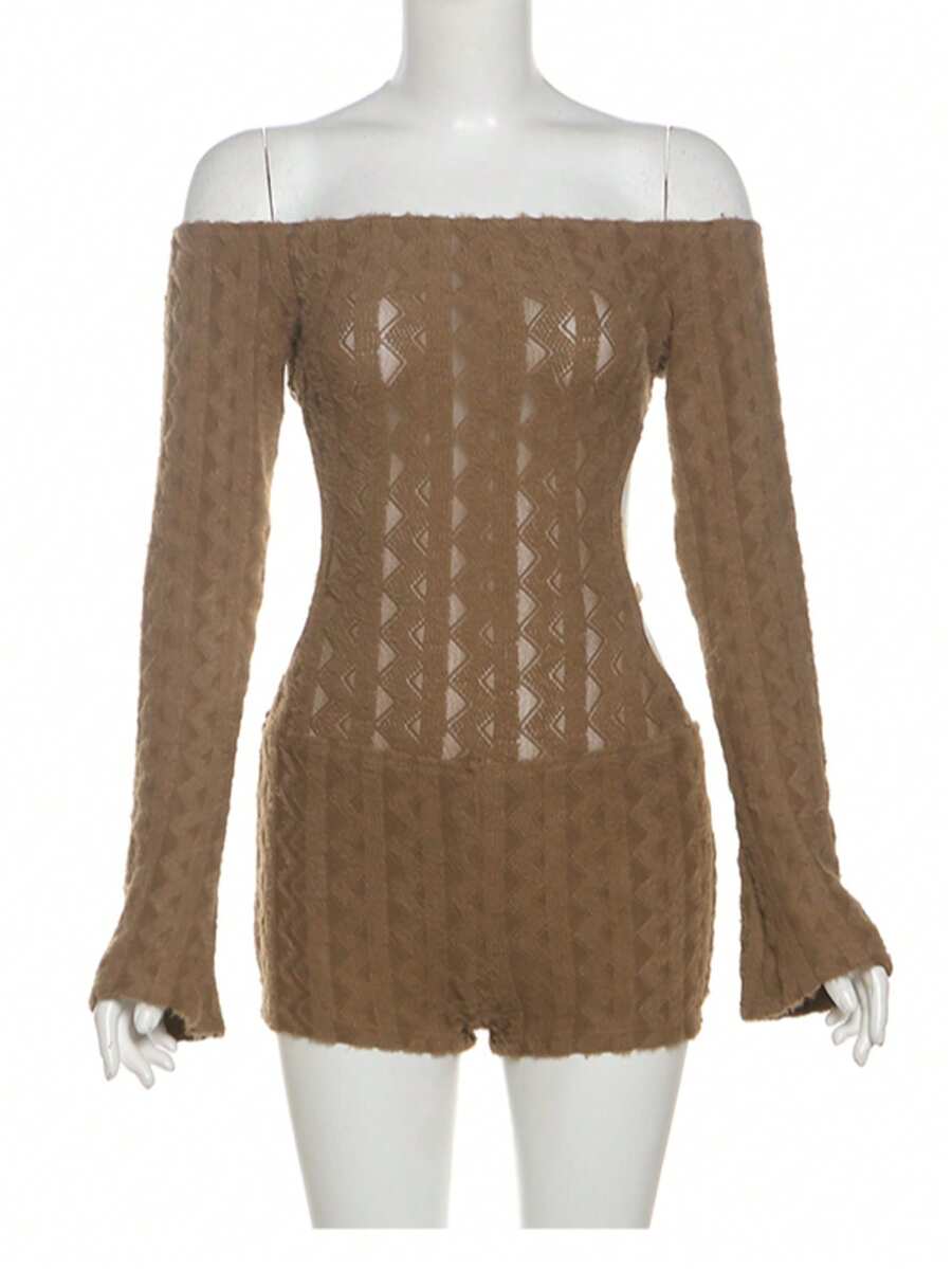 Off Shoulder Long Sleeve Backless Fitted Jumpsuit, Street Style Look - Brown - View 1