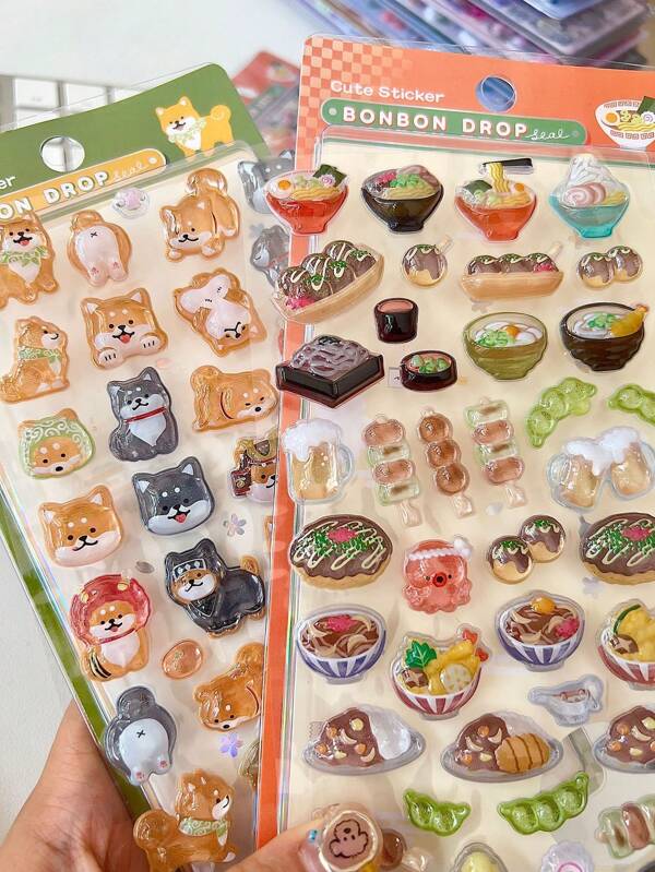 3D Embossed Fun Acrylic Diamond Stickers, Sushi Shiba Inu Handmade DIY Decorative Embossed Quirky Stickers