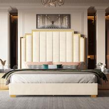 Queen/King Upholstered Velvet Bed Frame With Gold Trim Headboard, Sturdy Modern Platform Design, No Box Spring Required, White - trắng - Xem 9